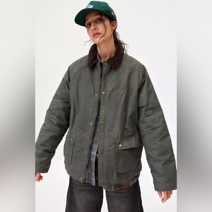 URBAN OUTFITTERS | XS BDG GEORGE WAXED PLAID QUILTED BARN JACKET IN KHAKI GREEN